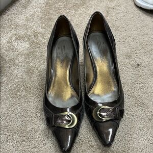 Joan & David Dark Brown Heels with Gold Buckle